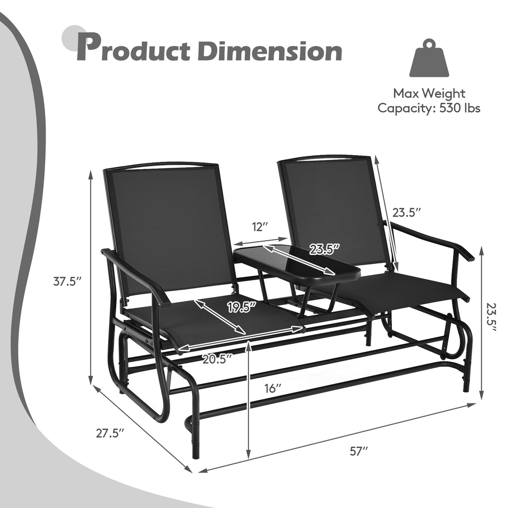 2-Person Double Rocking Loveseat with Mesh Fabric and Center Tempered