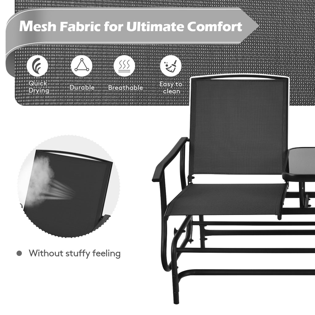 2-Person Double Rocking Loveseat with Mesh Fabric and Center Tempered