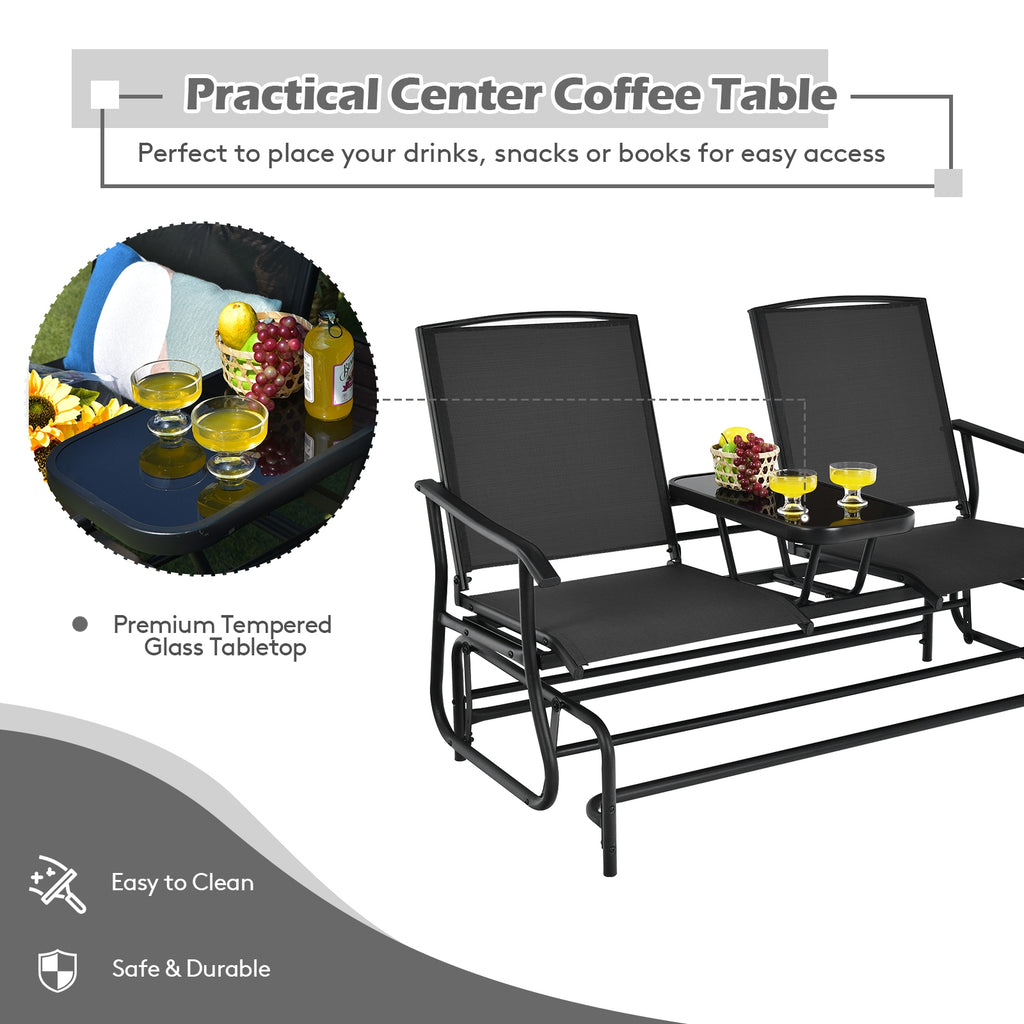 2-Person Double Rocking Loveseat with Mesh Fabric and Center Tempered