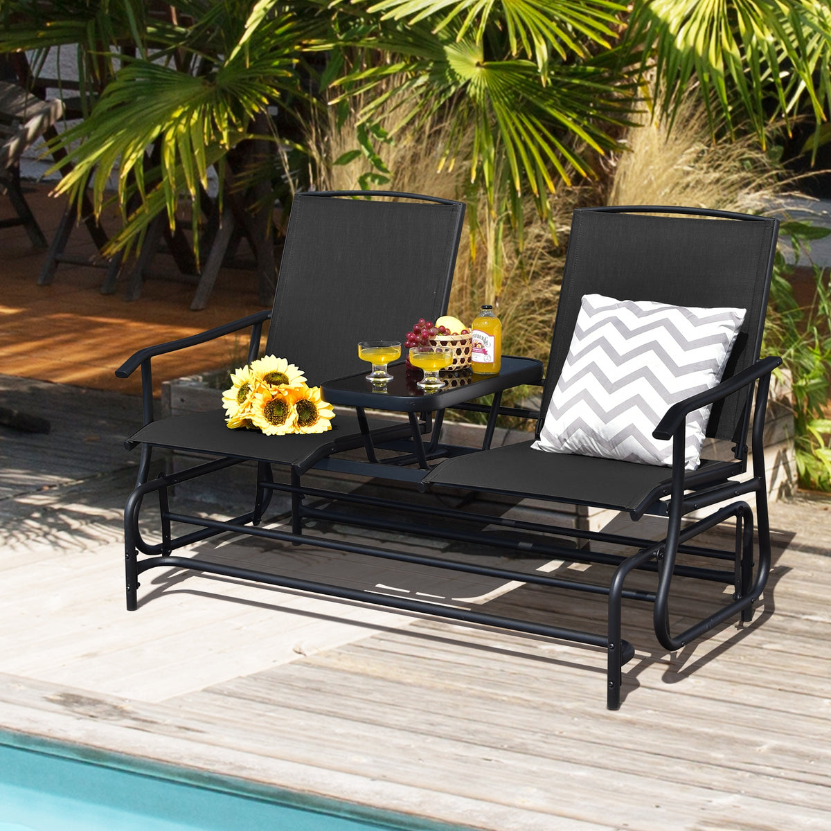 2-Person Double Rocking Loveseat with Mesh Fabric and Center Tempered
