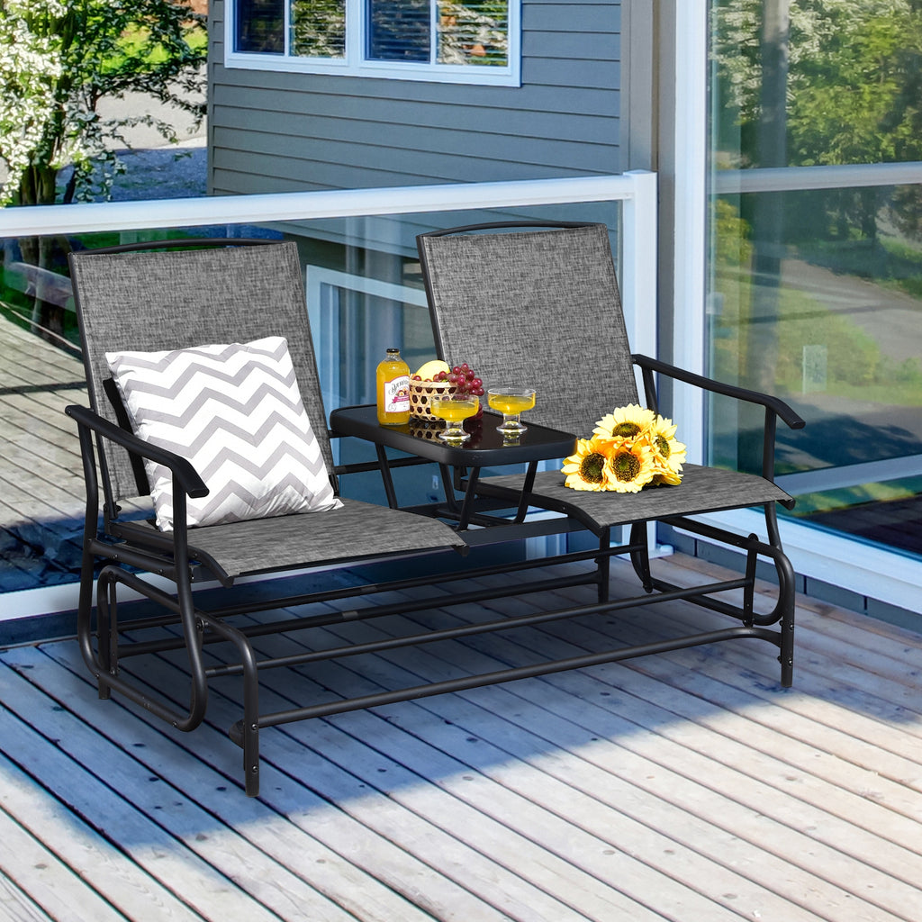 Double Rocking Loveseat with Glass Table - Gray