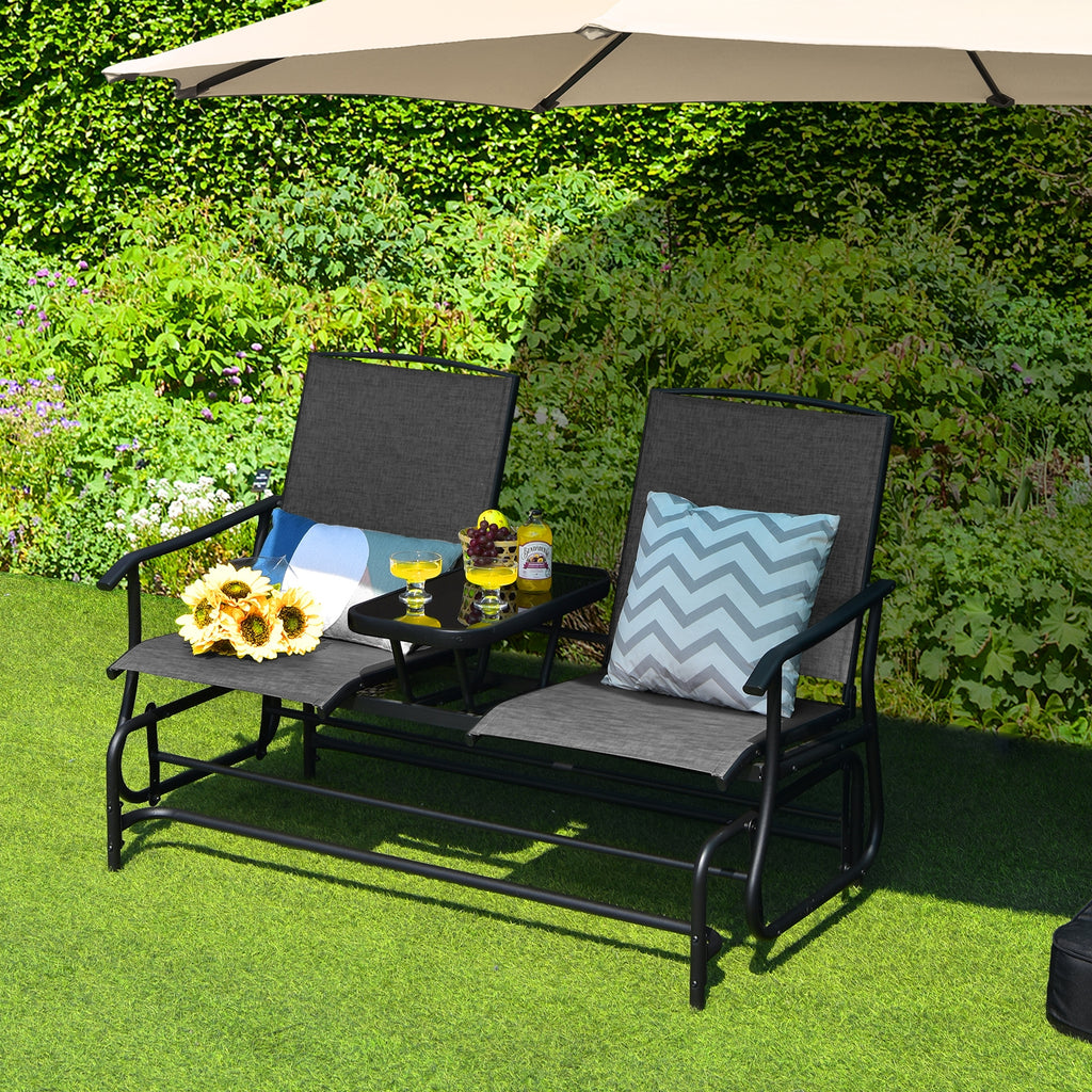 Double Rocking Loveseat with Glass Table - Gray