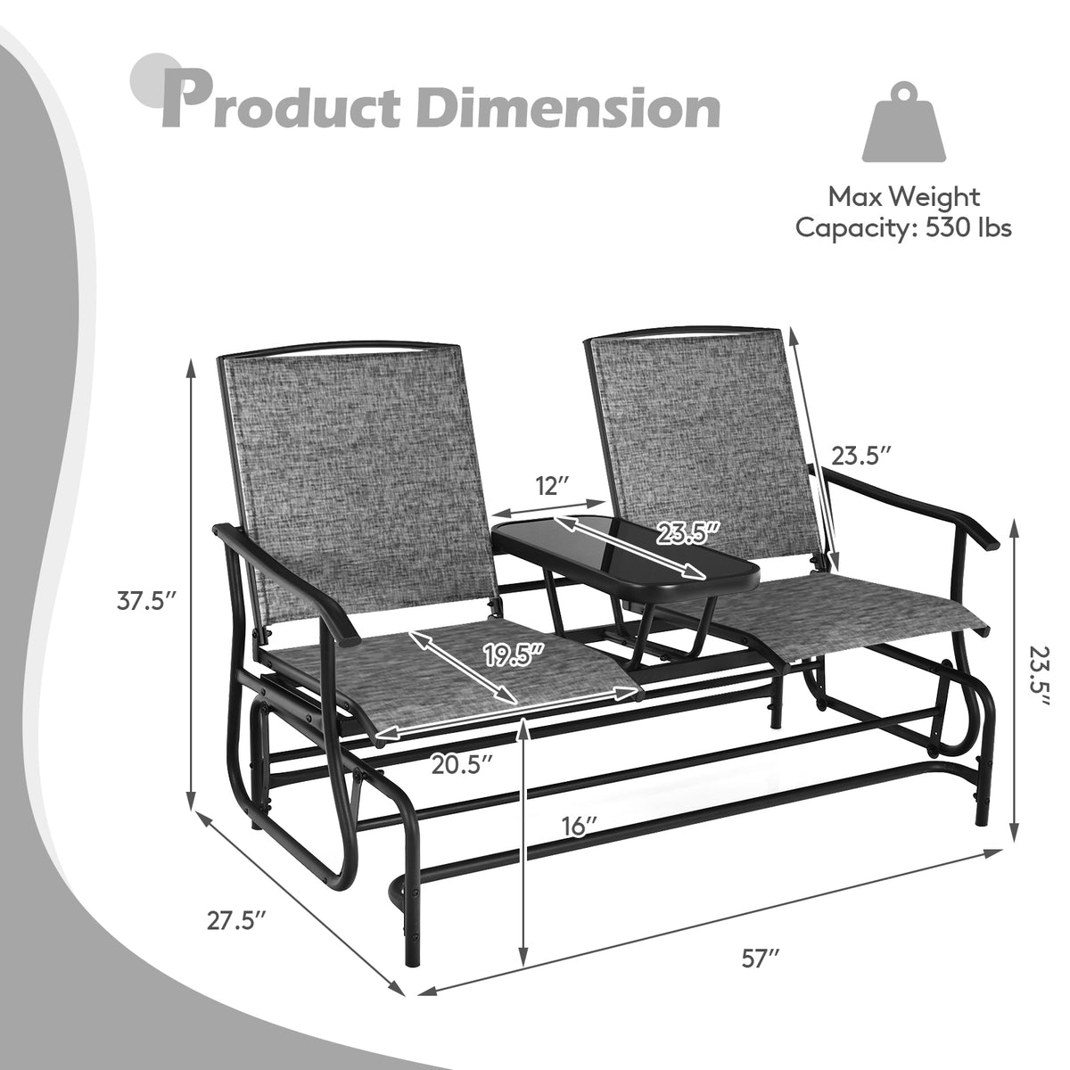 Double Rocking Loveseat with Glass Table - Gray