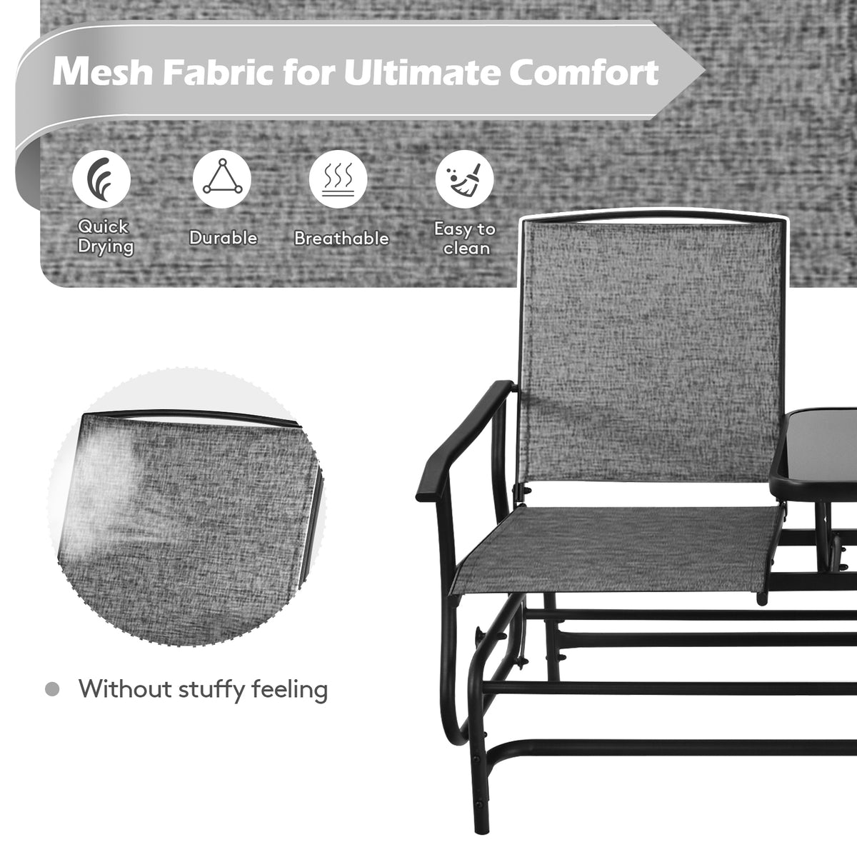 Double Rocking Loveseat with Glass Table - Gray