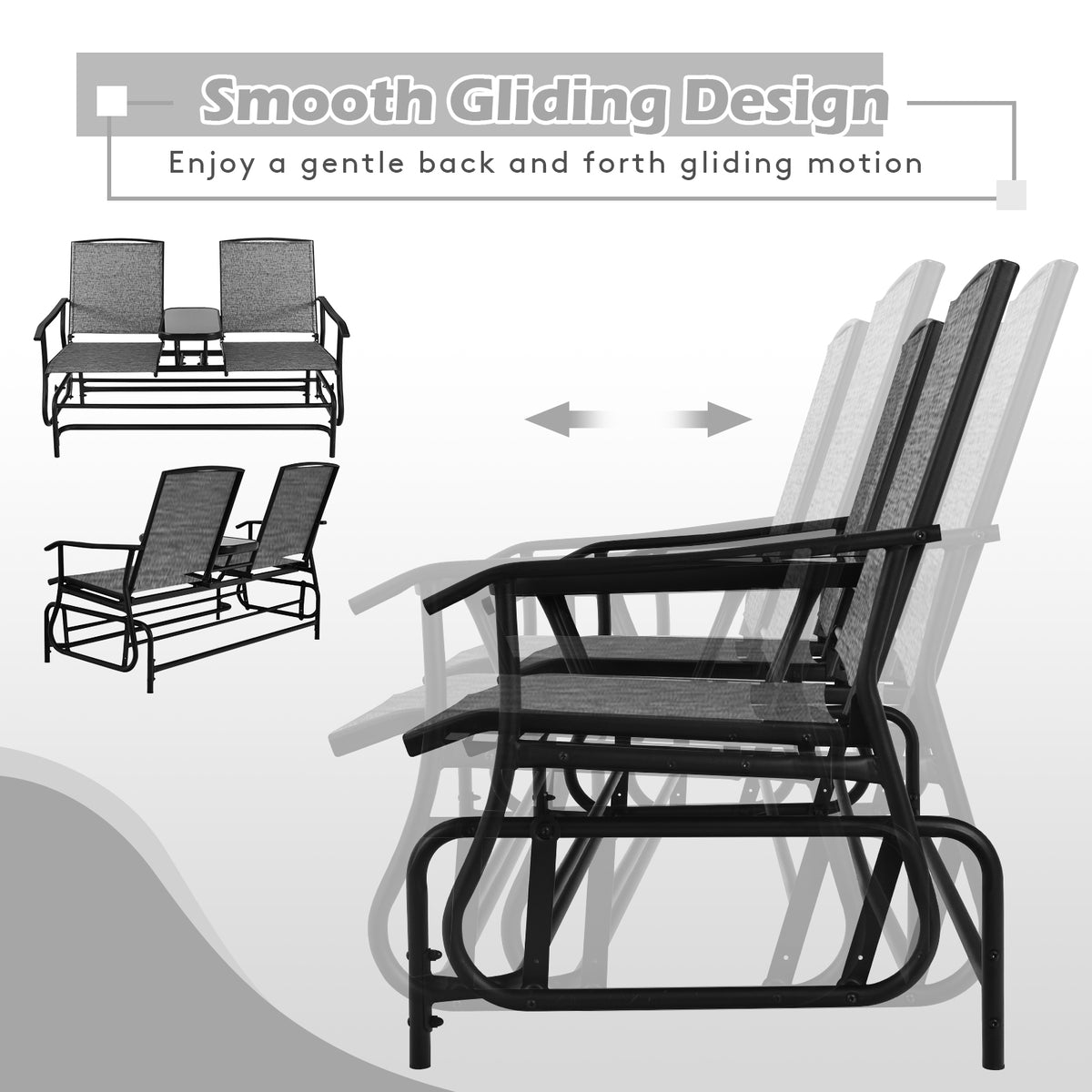 Double Rocking Loveseat with Glass Table - Gray
