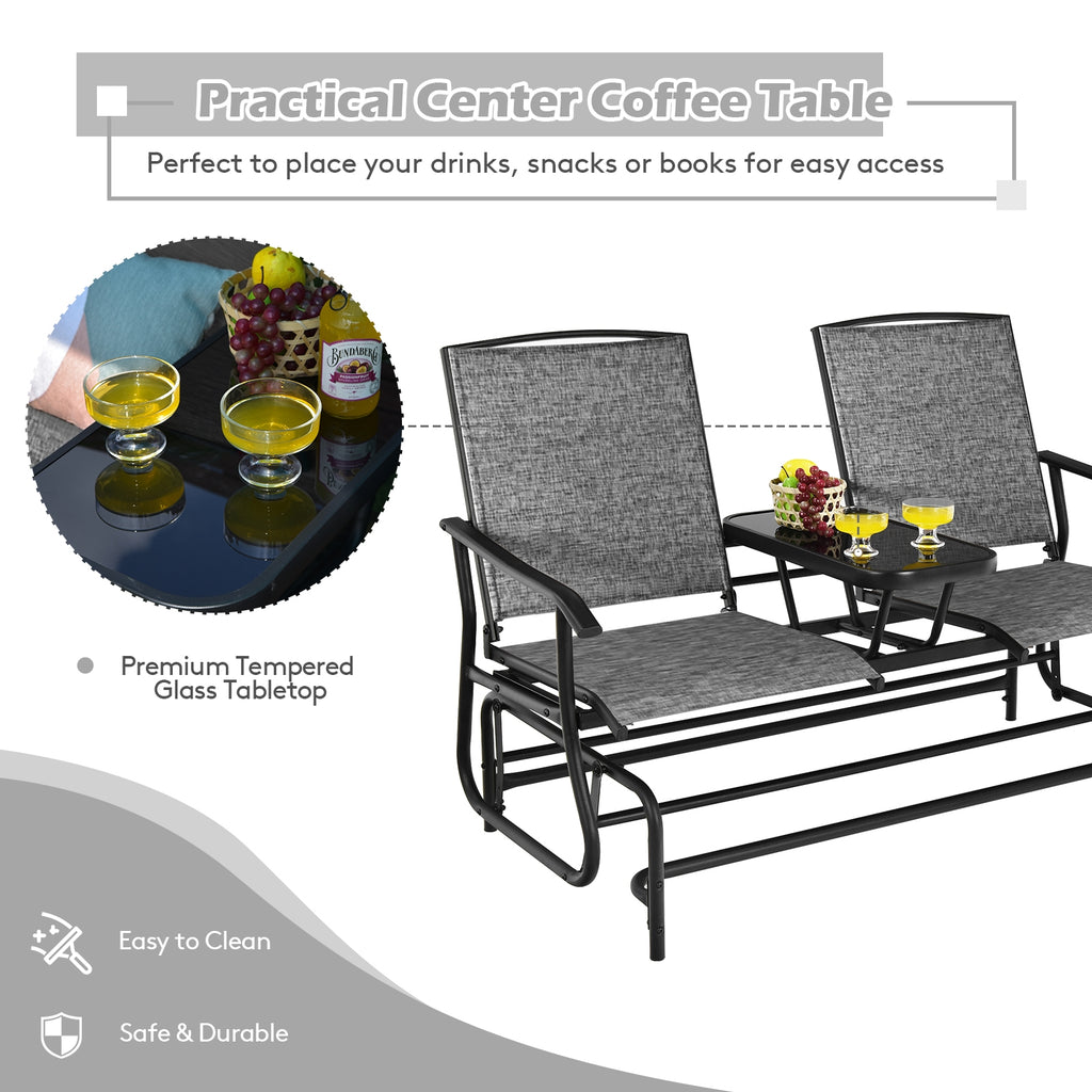 Double Rocking Loveseat with Glass Table - Gray