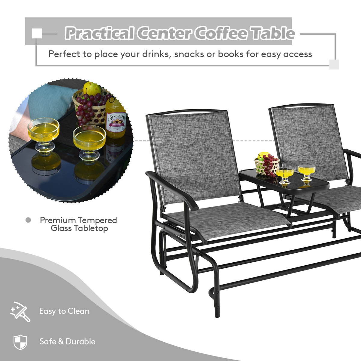 Double Rocking Loveseat with Glass Table - Gray
