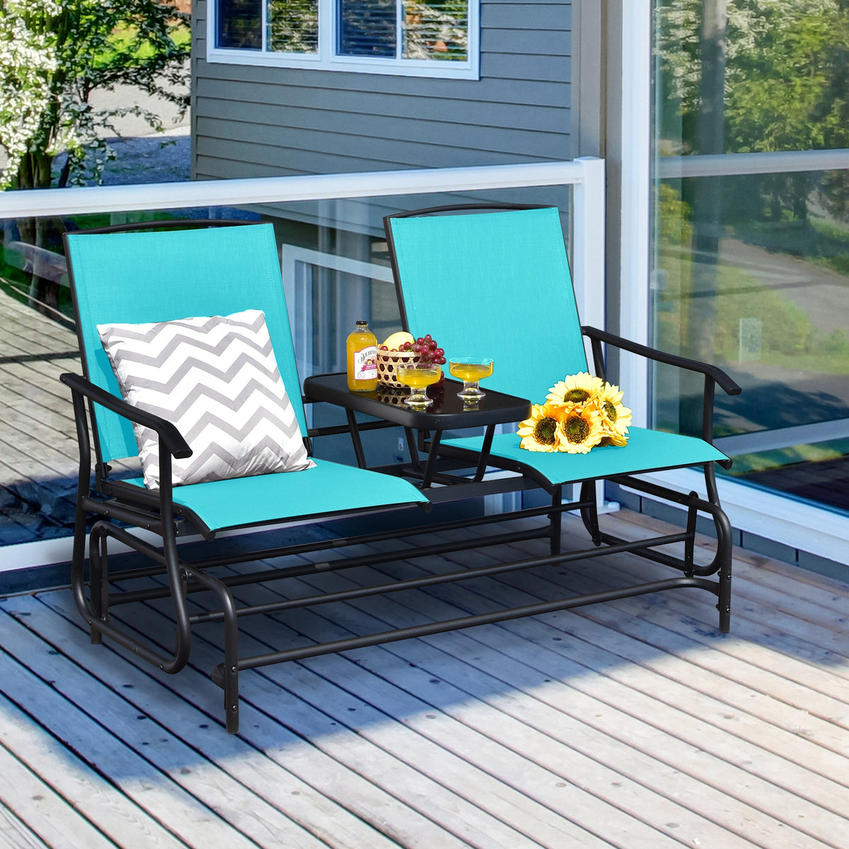 2-Person Double Rocking Loveseat with Mesh Fabric and Center Tempered