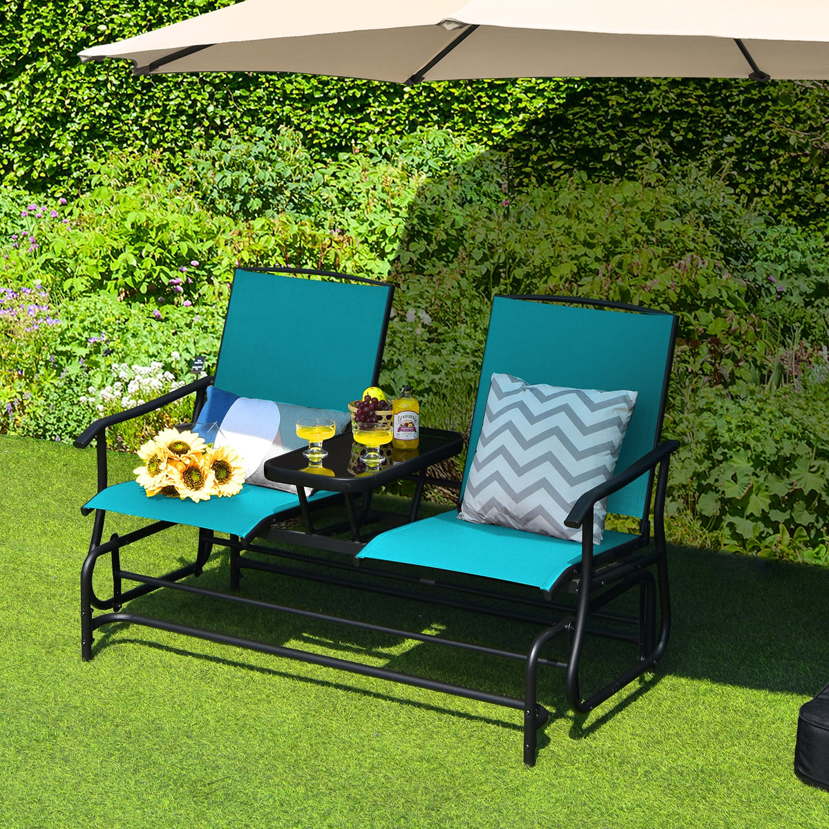 2-Person Double Rocking Loveseat with Mesh Fabric and Center Tempered