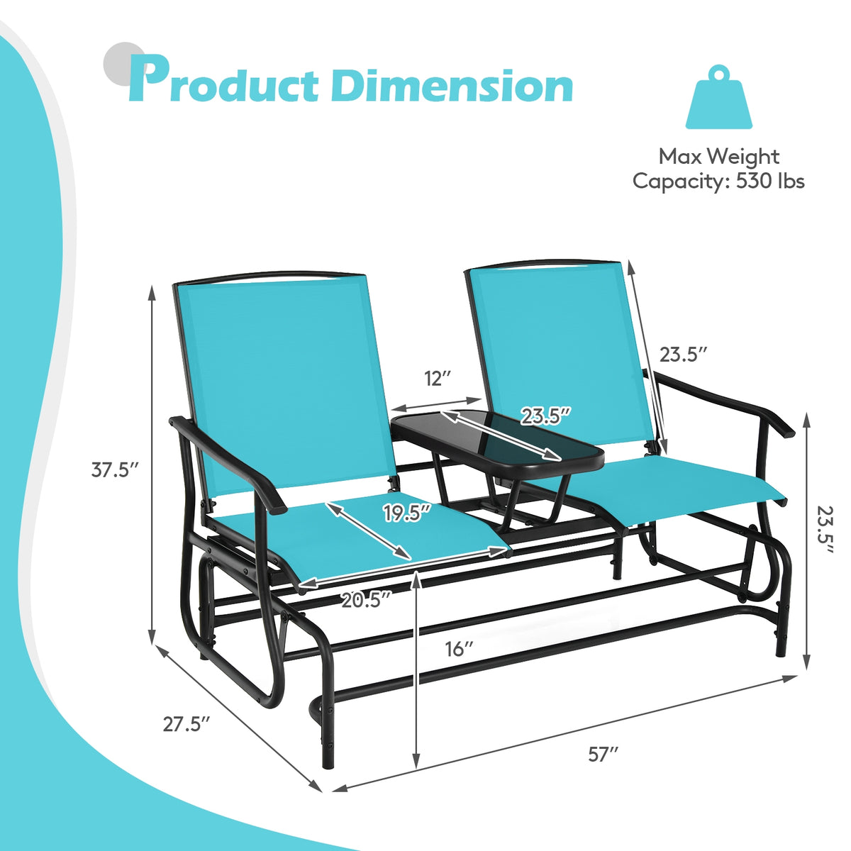 2-Person Double Rocking Loveseat with Mesh Fabric and Center Tempered
