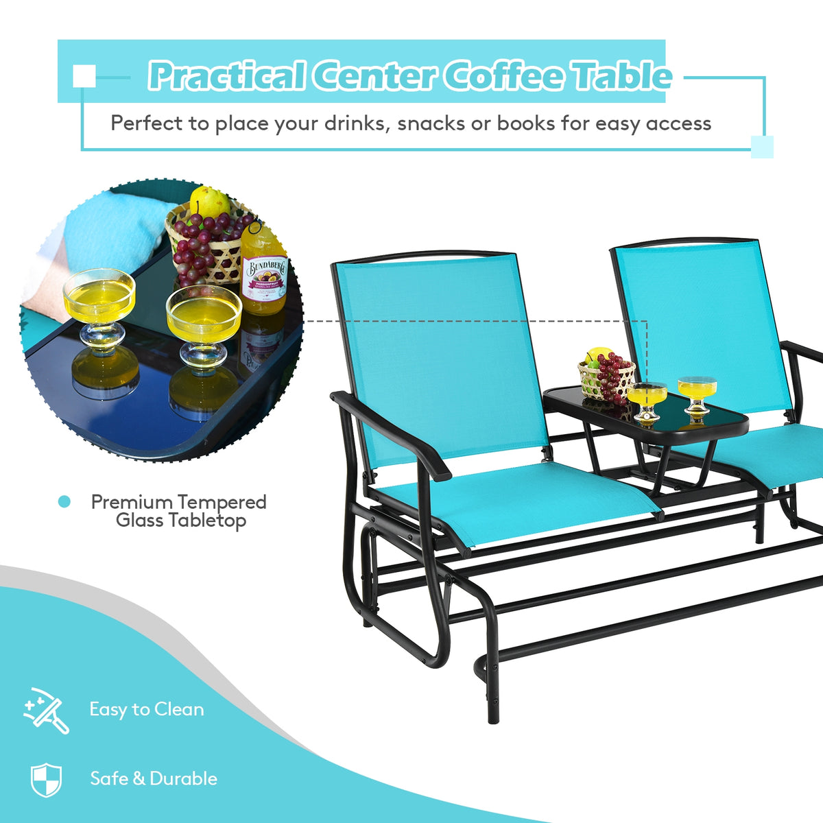 2-Person Double Rocking Loveseat with Mesh Fabric and Center Tempered