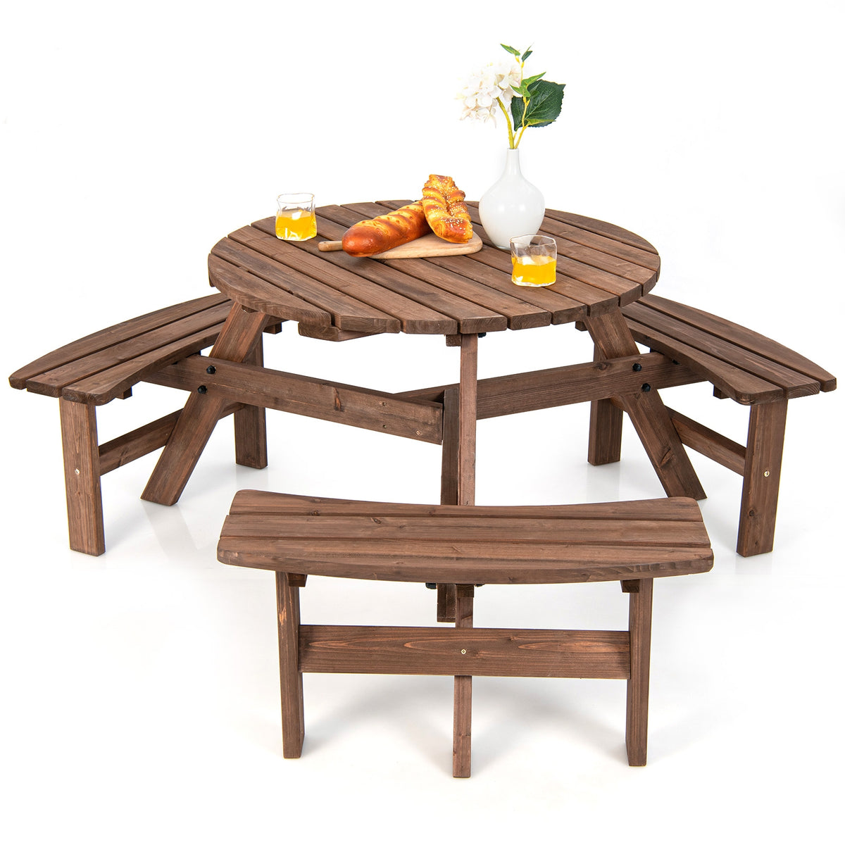 6-Person Round Picnic Table Set with 3 Built-in Benches and Umbrella