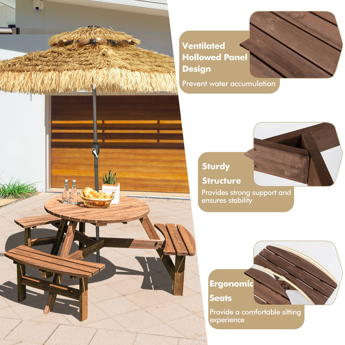 6 Person Wooden Picnic Table Set with Bench and Umbrella Hold