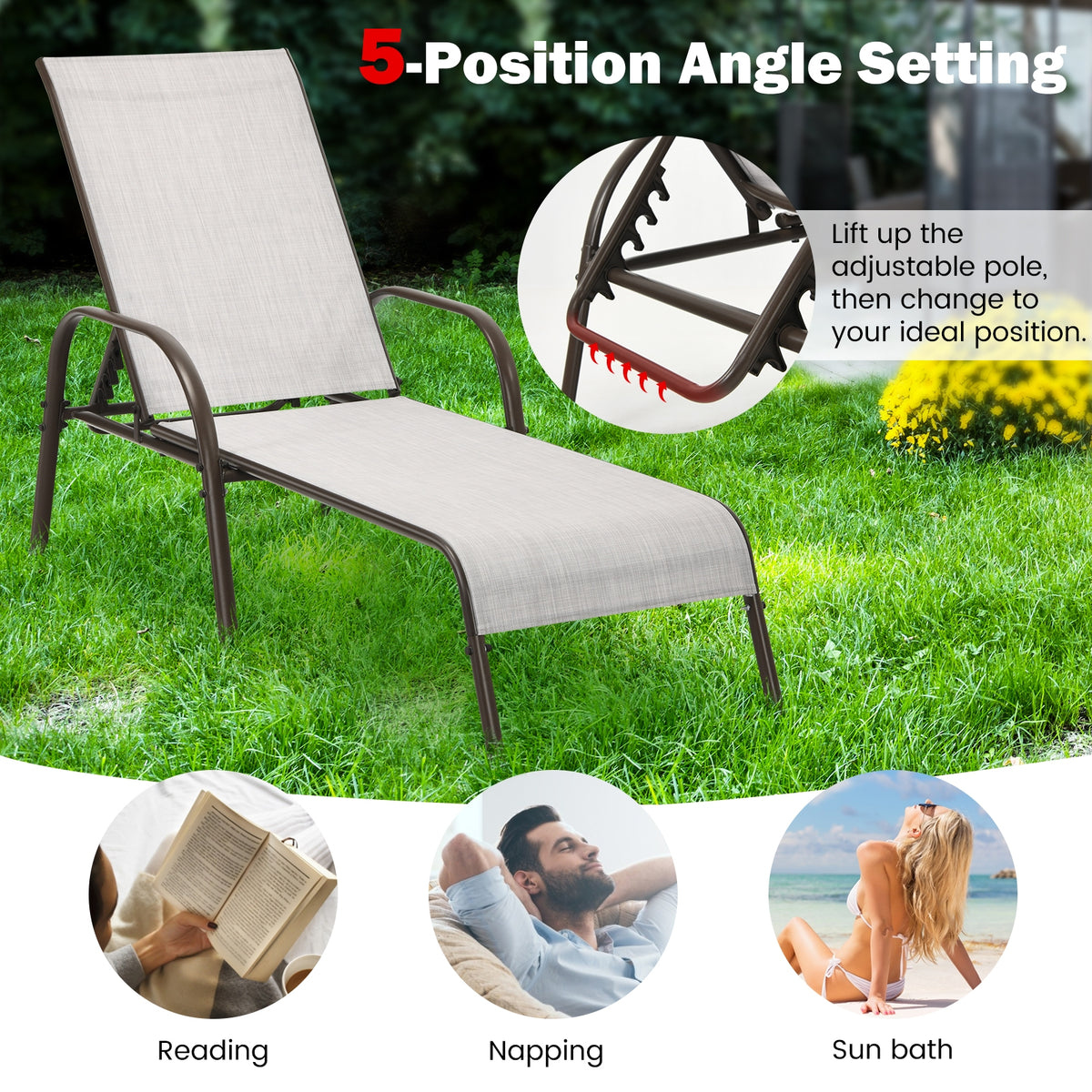 Adjustable Patio Chaise Lounge Chair with Backrest – Gray