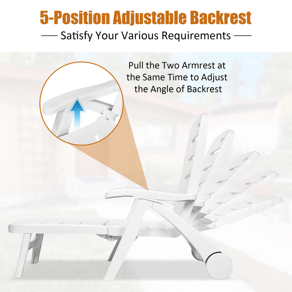 5 Position Adjustable Folding Lounger Chaise Chair with Wheels