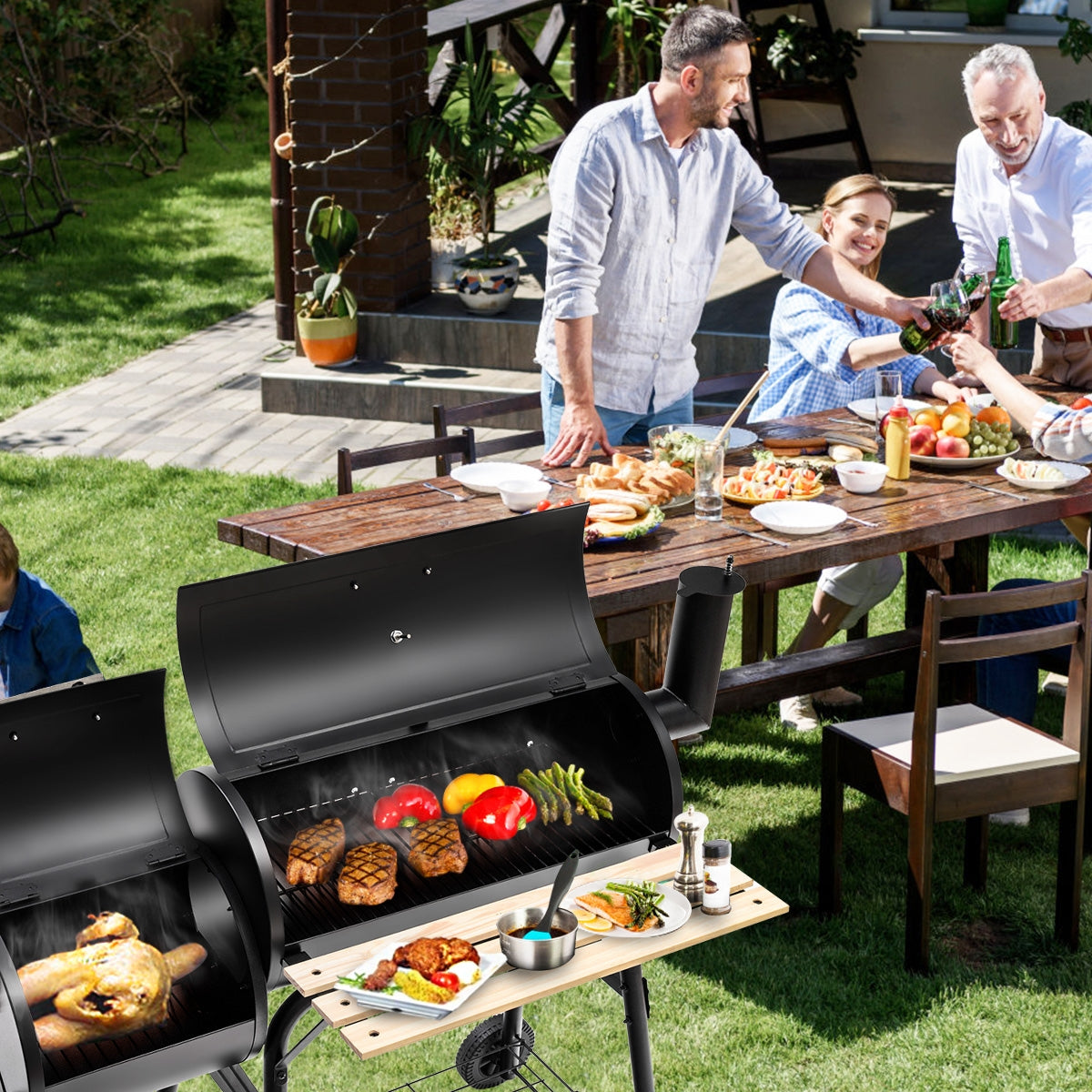 Offset BBQ Grill with Firebox - Steel Outdoor Pit