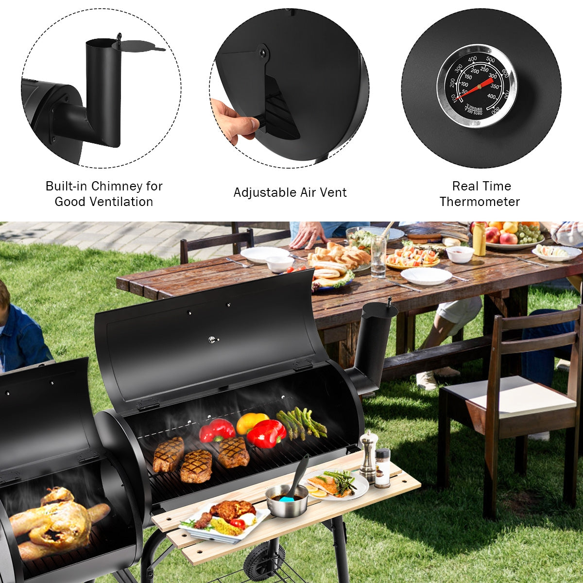 Offset BBQ Grill with Firebox - Steel Outdoor Pit