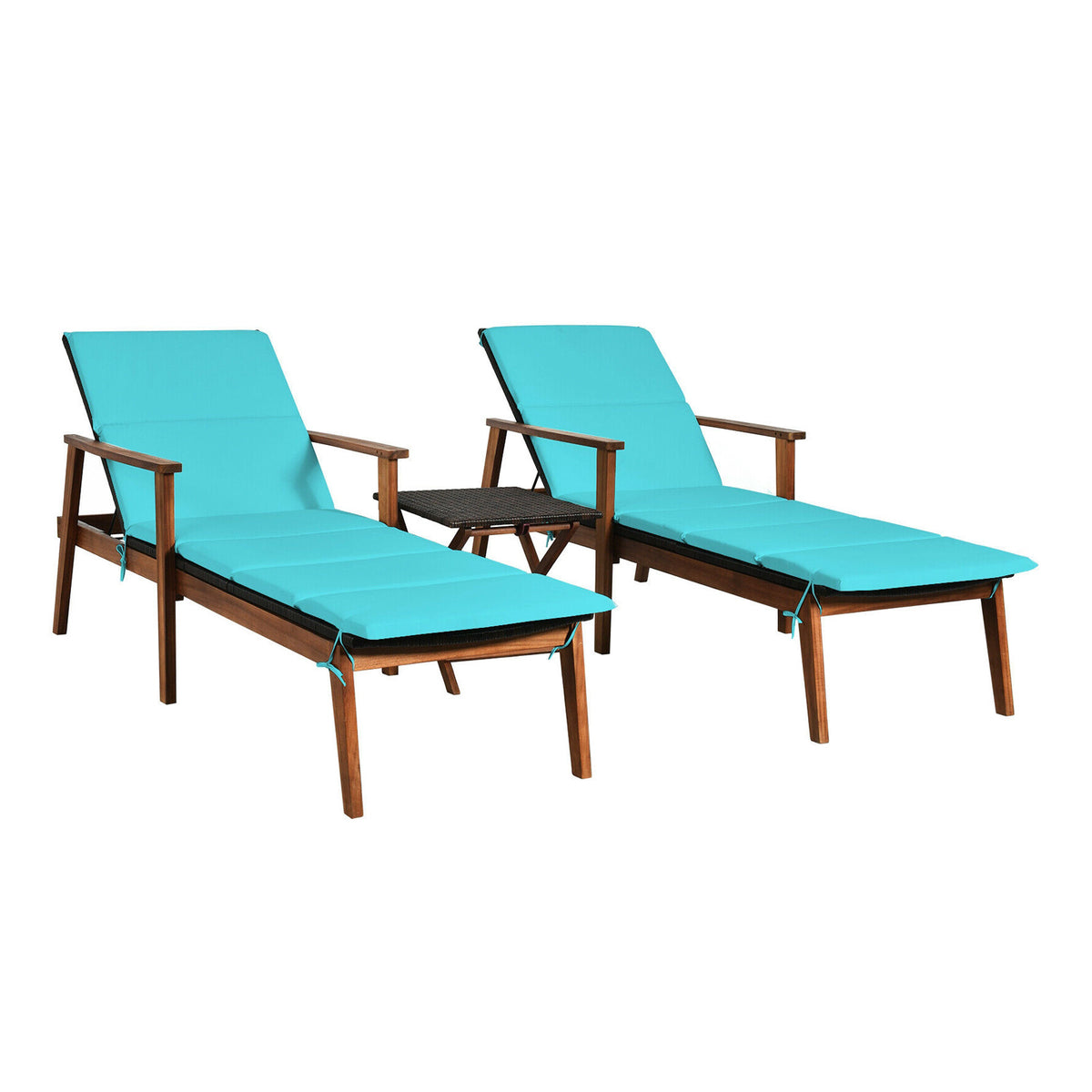 3 Pieces Portable Patio Cushioned Rattan Lounge Chair Set with