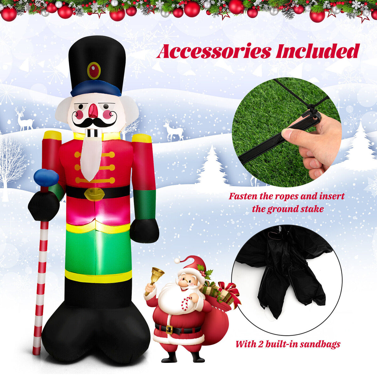 8 Feet Inflatable Nutcracker Soldier with LED Lights for Holiday Yard Decor