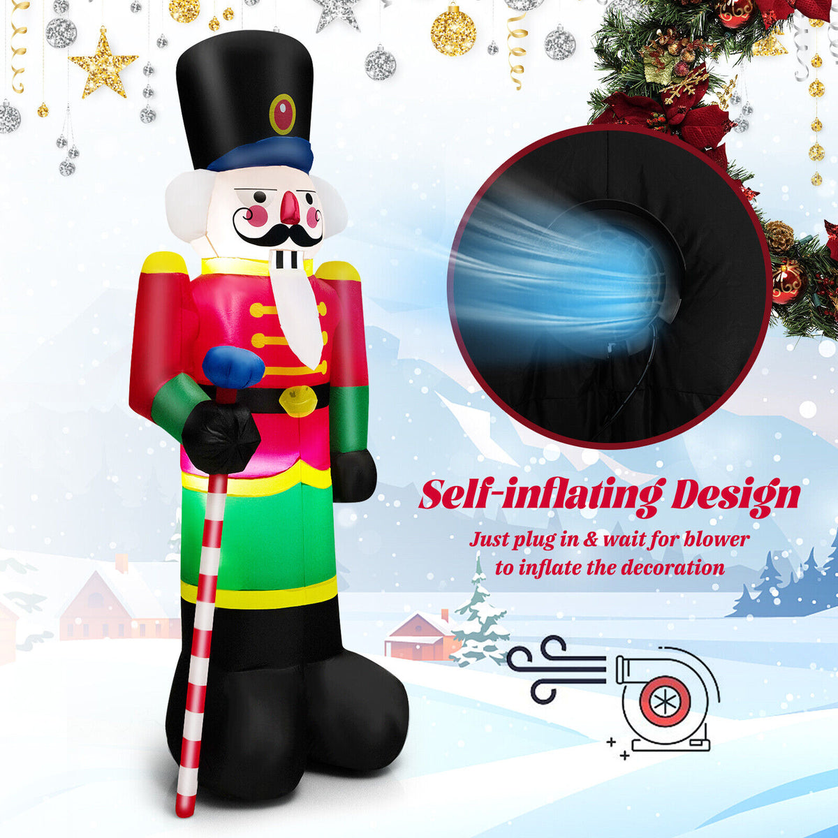 8 Feet Inflatable Nutcracker Soldier with LED Lights for Holiday Yard Decor