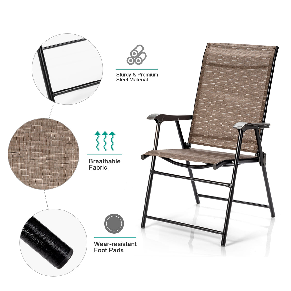 2 Pieces Outdoor Patio Folding Chair with Armrest for Camping Garden