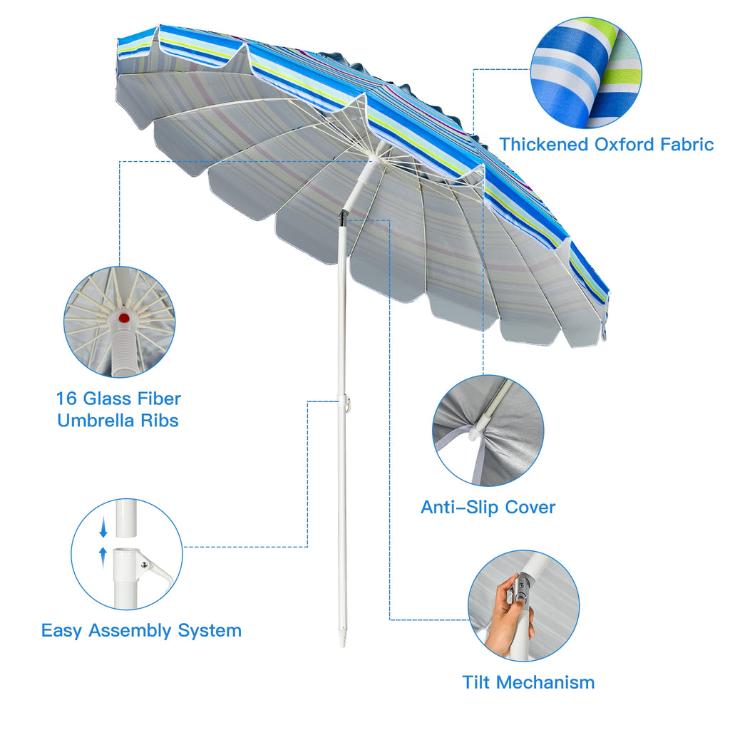 8 Ft Portable Beach Umbrella with Sand Anchor - Blue