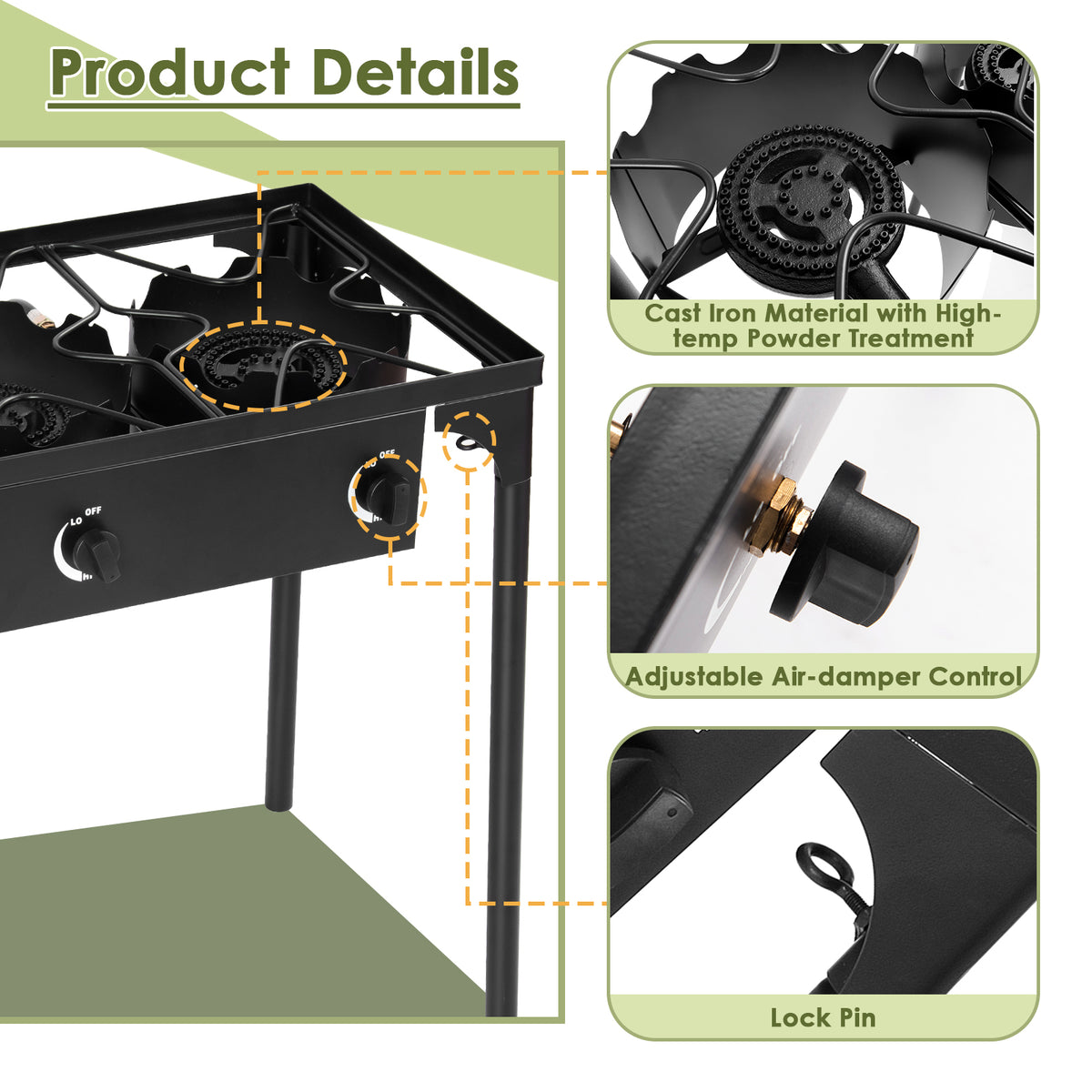 3 Burner Propane Gas Cooker, 225000 BTU Portable