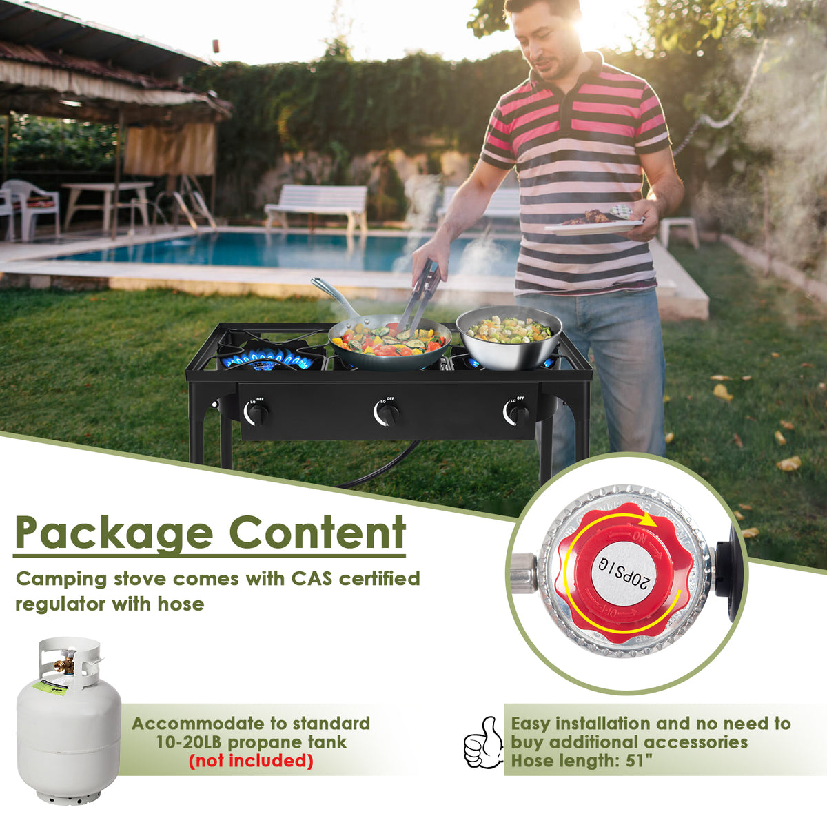 3 Burner Propane Gas Cooker, 225000 BTU Portable