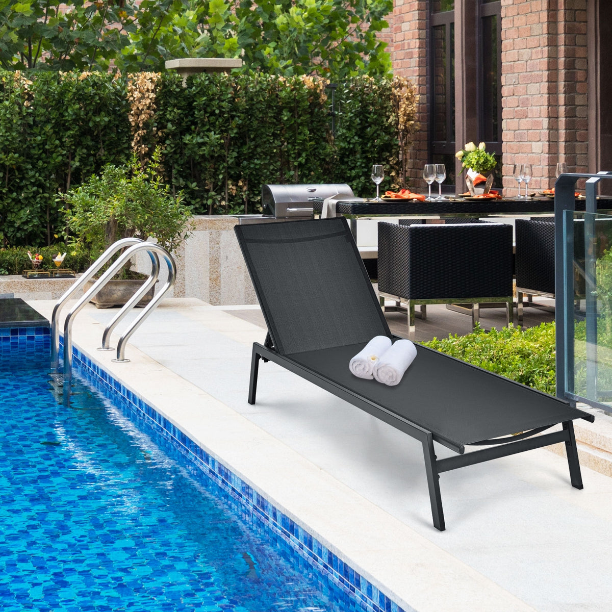 Outdoor Reclining Chaise Lounge Chair 6-Position Adjustable – Black