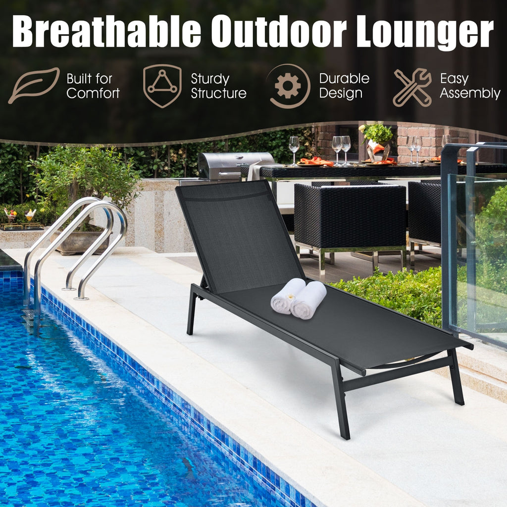 Outdoor Reclining Chaise Lounge Chair 6-Position Adjustable – Black