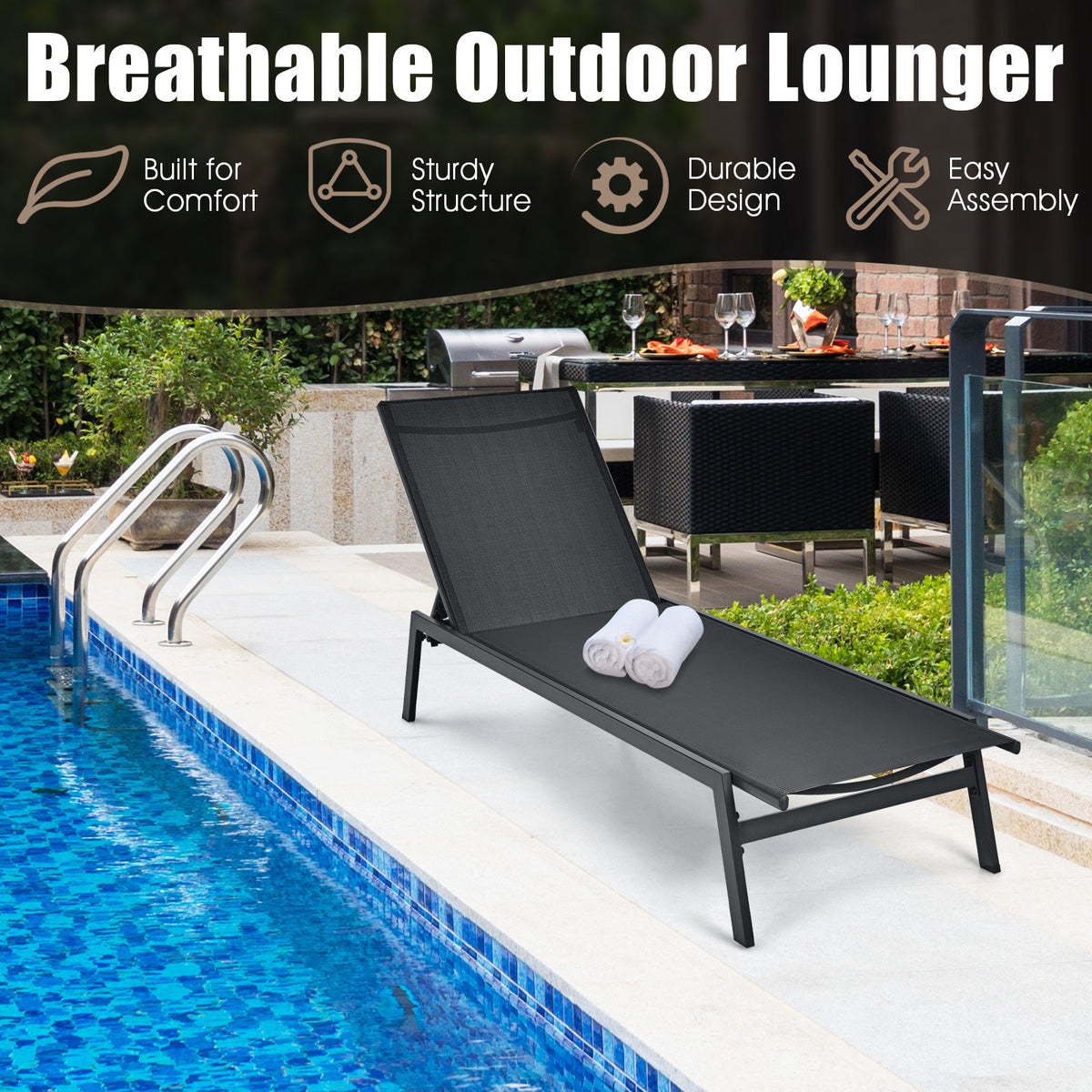 Outdoor Reclining Chaise Lounge Chair 6-Position Adjustable – Black
