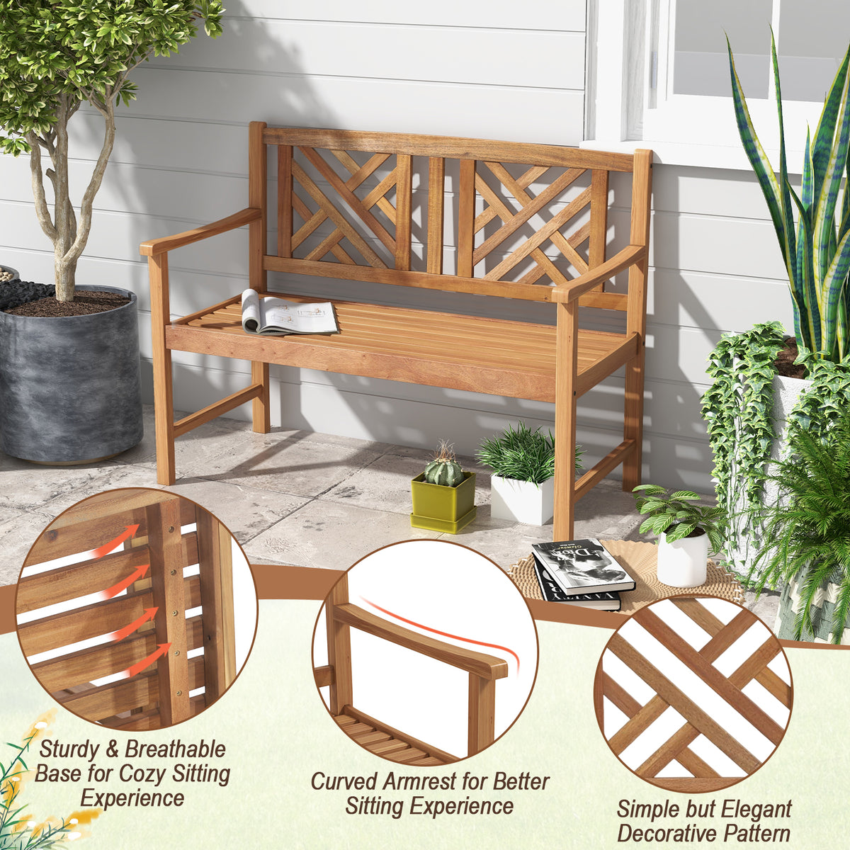 44 Inch Wooden Outdoor Bench - 2-Person Acacia Wood