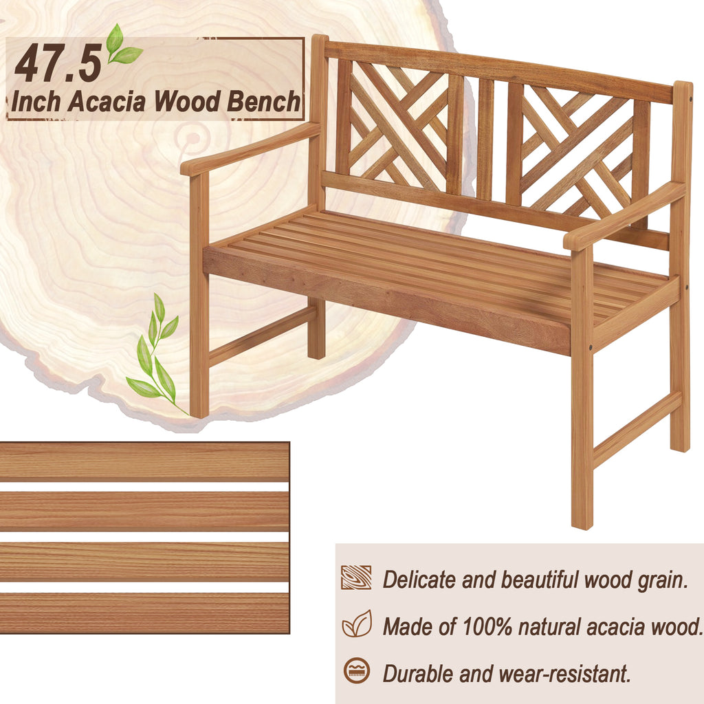 44 Inch Wooden Outdoor Bench - 2-Person Acacia Wood