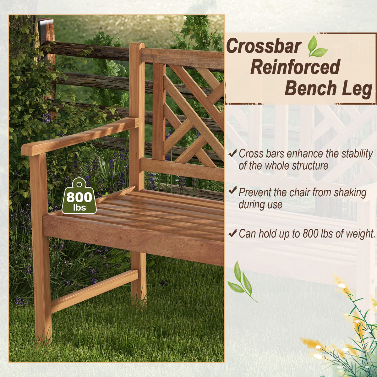 44 Inch Wooden Outdoor Bench - 2-Person Acacia Wood
