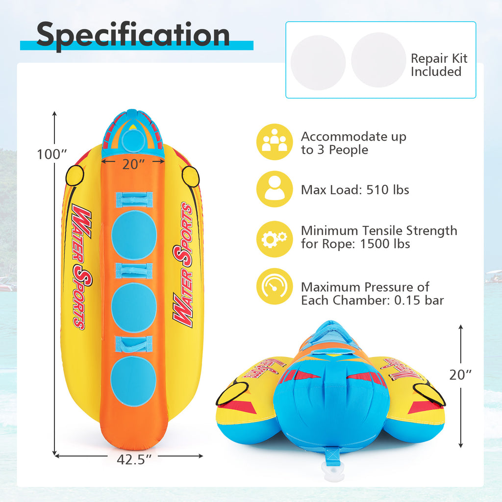 3-Person Inflatable Banana Boat with EVA Padded Seats & Handles - Costway