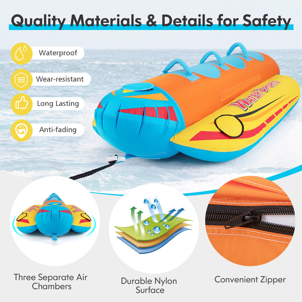 3-Person Inflatable Banana Boat with EVA Padded Seats & Handles - Costway