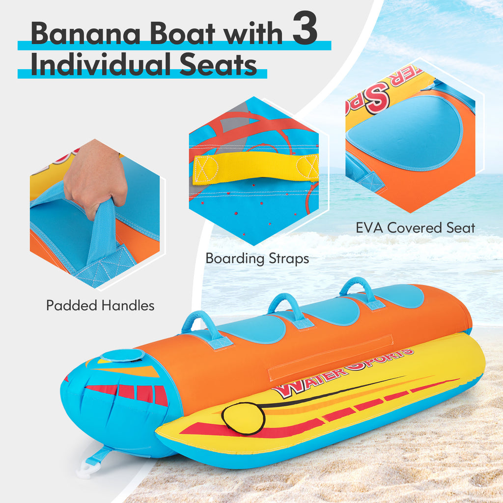 3-Person Inflatable Banana Boat with EVA Padded Seats & Handles - Costway