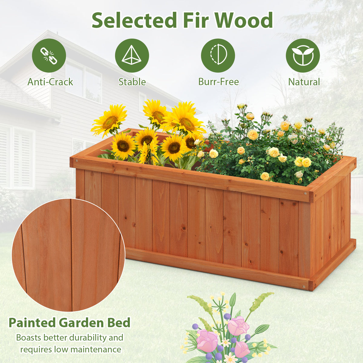 Raised Garden Bed Wooden Planter Box with 4 Drainage Holes and
