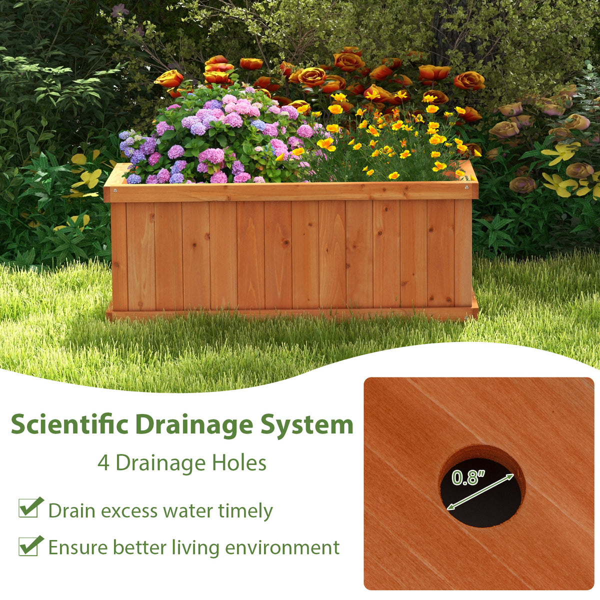Raised Garden Bed Wooden Planter Box with 4 Drainage Holes and