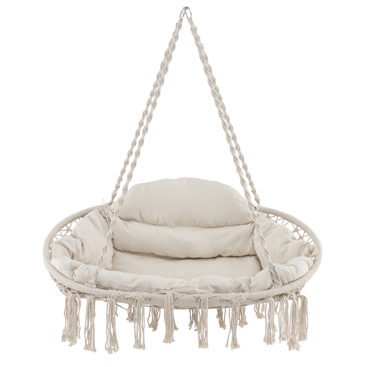 Hand-Woven Rope Hanging Chair with Thick Cushion and Folding Metal