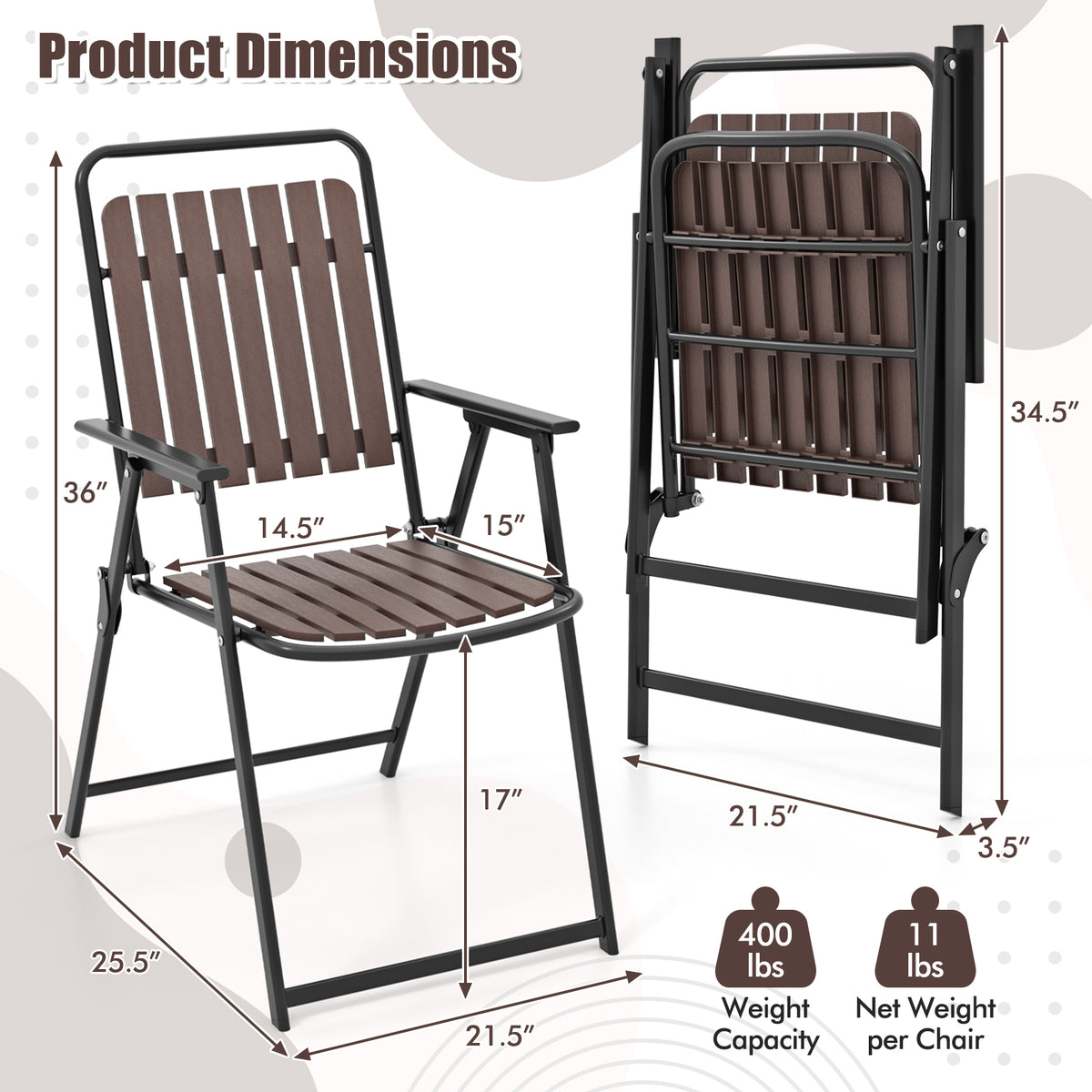 4 pcs Patio Folding Chairs with PP Seat and Back 400 LBS Heavy-Duty