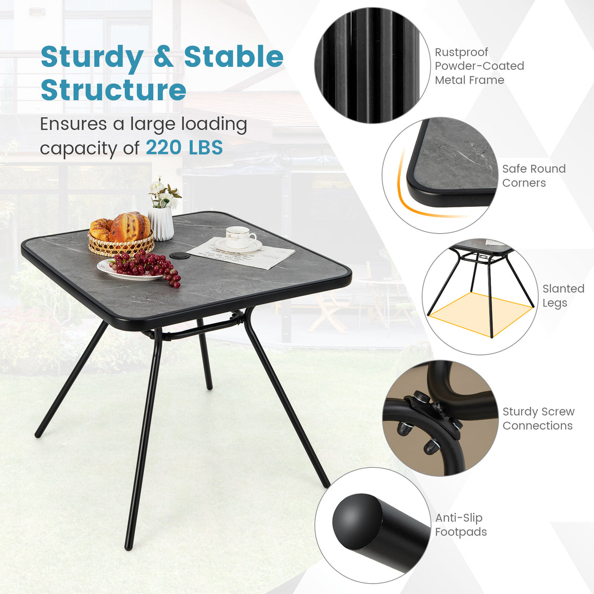 32 x Inch Heavy-Duty Outdoor Dining Table with Umbrella Hole for 4