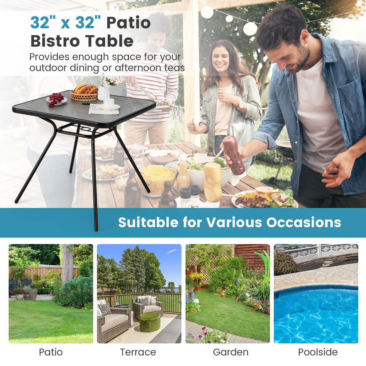 32 x Inch Heavy-Duty Outdoor Dining Table with Umbrella Hole for 4