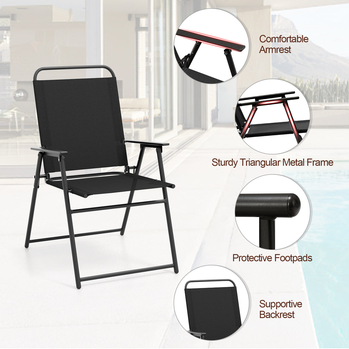 Outdoor Folding Sling Chairs with Armrest and Backrest