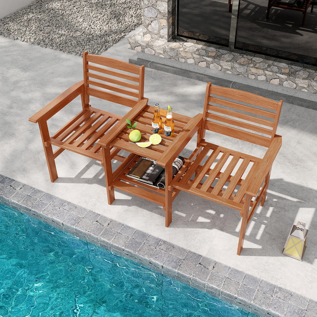 Outdoor Wood 2-Seat Conversation Set with Coffee Table - Backrest Style 2