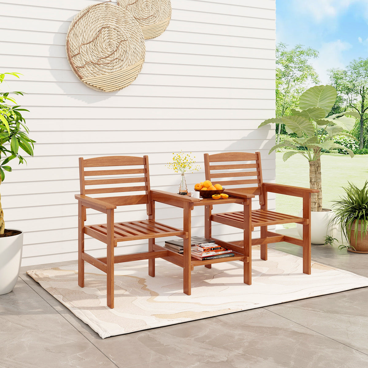 Outdoor Wood 2-Seat Conversation Set with Coffee Table - Backrest Style 2