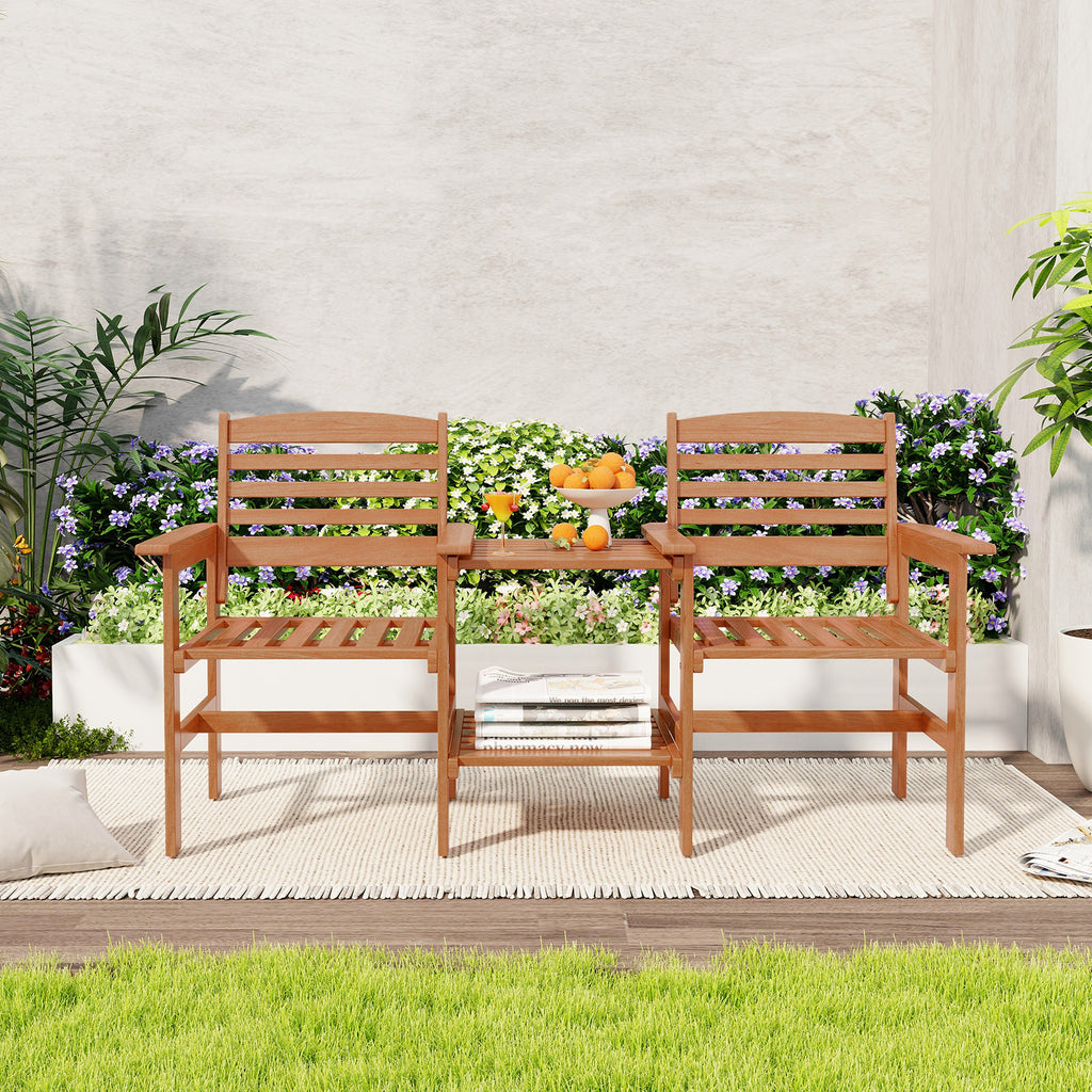 Outdoor Wood 2-Seat Conversation Set with Coffee Table - Backrest Style 2
