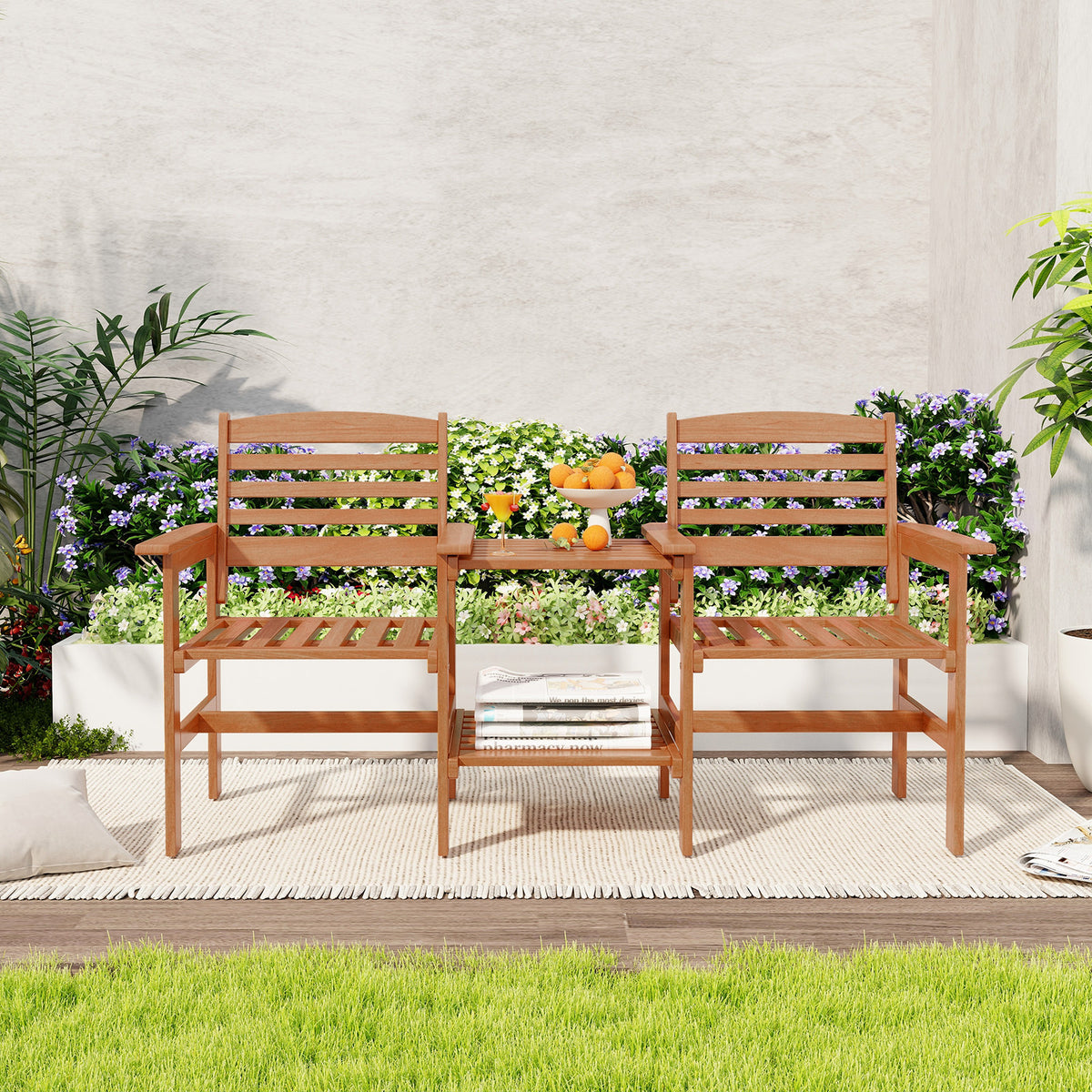 Outdoor Wood 2-Seat Conversation Set with Coffee Table - Backrest Style 2
