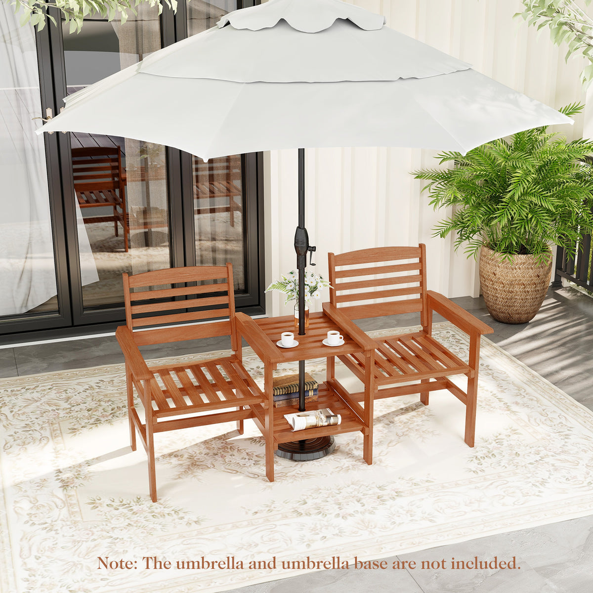 Outdoor Wood 2-Seat Conversation Set with Coffee Table - Backrest Style 2