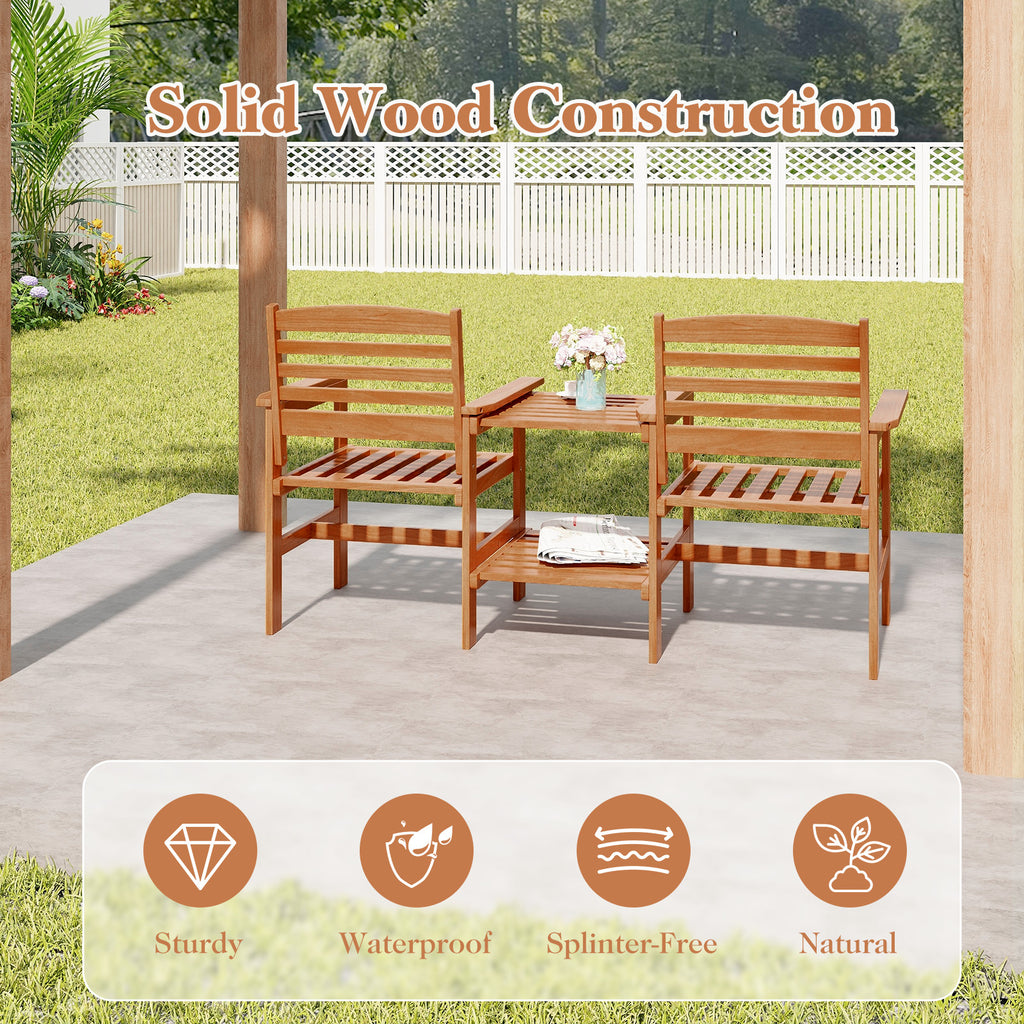 Outdoor Wood 2-Seat Conversation Set with Coffee Table - Backrest Style 2
